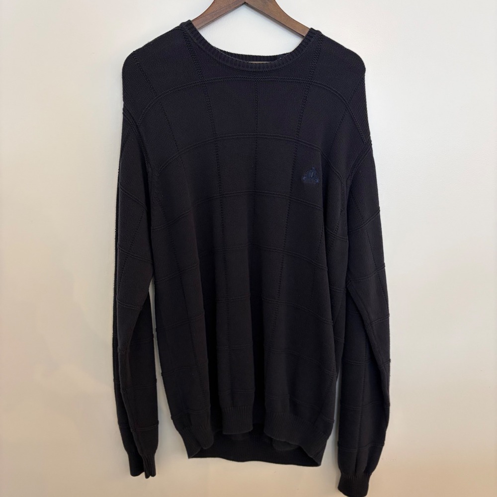 IZOD Mens Navy Blue 100% Cotton Textured Grid Knit Crewneck Sweater Size Large